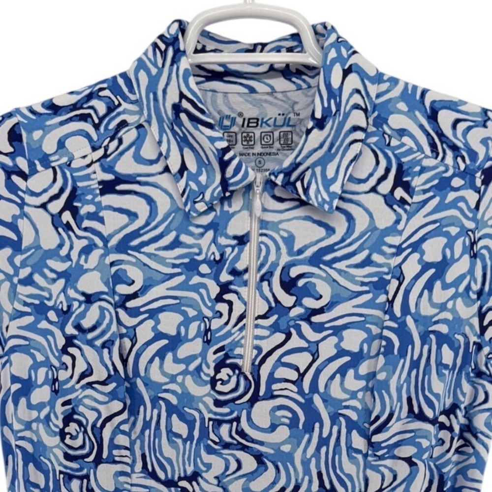 IBKUL Womens Blue White Marble Swirl IceFil Golf Dress Short Sleeve Small UPF 50